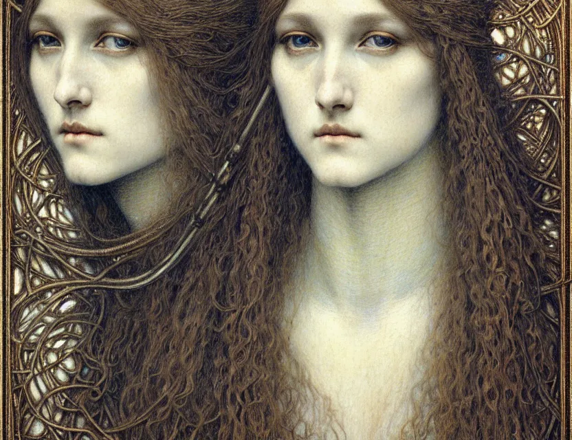 Image similar to detailed realistic beautiful young medieval queen face portrait by jean delville, gustave dore and marco mazzoni, art nouveau, symbolist, visionary, gothic, pre - raphaelite. horizontal symmetry