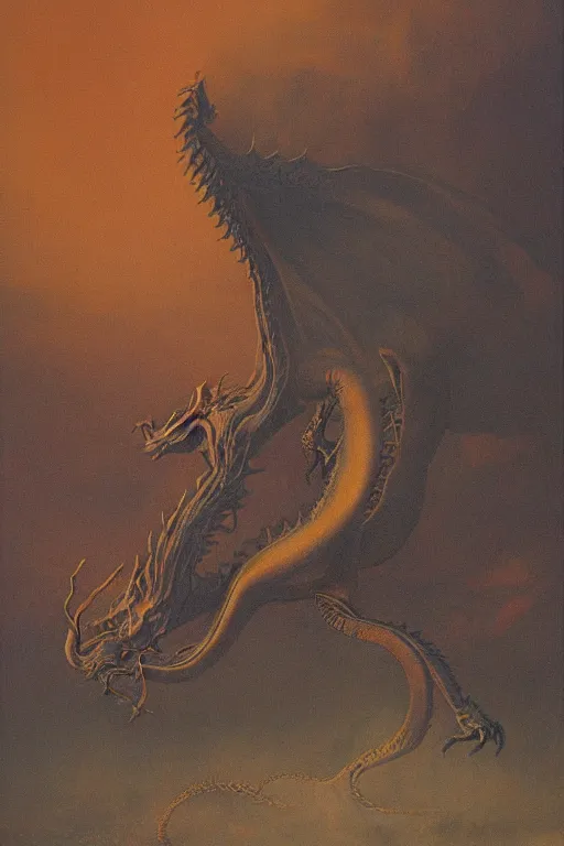 Prompt: zdzisław beksinski painting. a dragon protecting its hoard