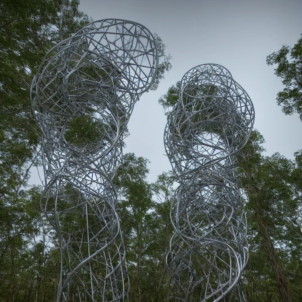 Image similar to hyper realistic, very high helix shaped observation tower made by metal in forest, wide angle shot, future design, extremely realistic, architecture design, parametric architecture, environment, sunset, foggy, cinematography, mega scans, cinematic, hyper realistic, photo real, cinematic composition, highly detailed,