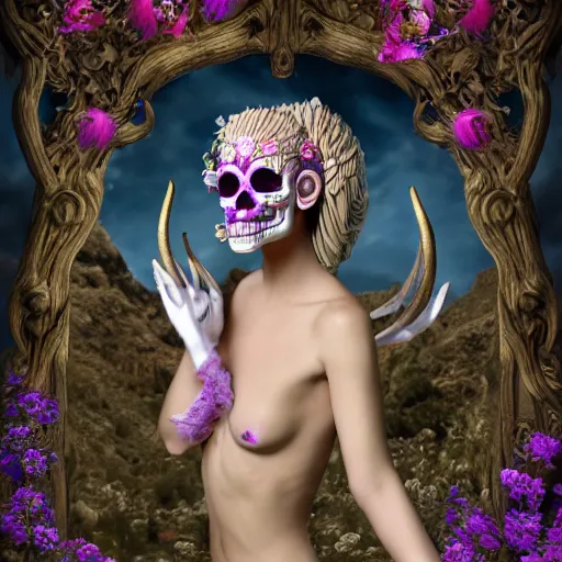 Image similar to champagne blonde lady changeling mythical satyr, humanoid with goat horns and goat legs, mid - waist self - portrait, perfect symmetry, intricate, dia de los muertos, skulls and flowers mask, aztec ultra detailed feathered dress 4 k resolution, octane rendering, ultra realistic, photo realism, beeple, 2 0 mm