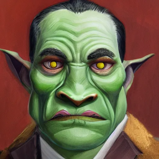 Image similar to detailed portrait painting of gentleman orc with green skin wearing brown tuxedo