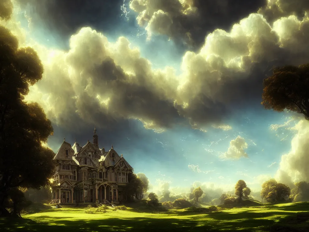 Prompt: beautiful landscape, gorgeous victorian mansion, sunny sky with fluffy clouds, iredescent soft glow bloom effect, dream - like, baroque portrait painting, perfect composition, beautiful detailed, intricate detailed octane render, unreal engine 5, trending on artstation, 8 k, chiaroscuro, masterpiece, raphael, caravaggio, beksinski, ghibli