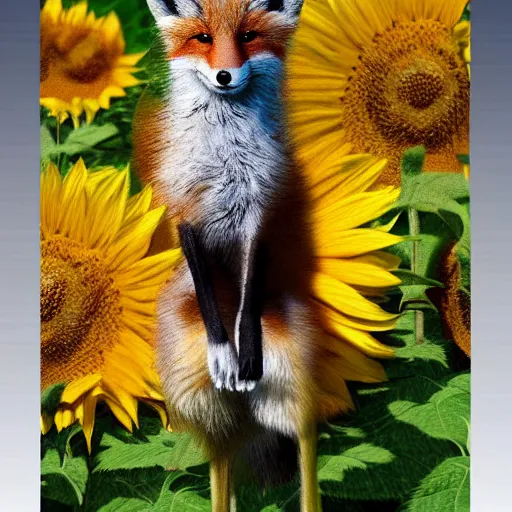Prompt: a miniature fox, sitting on a sunflower, digital art, trending on artstation