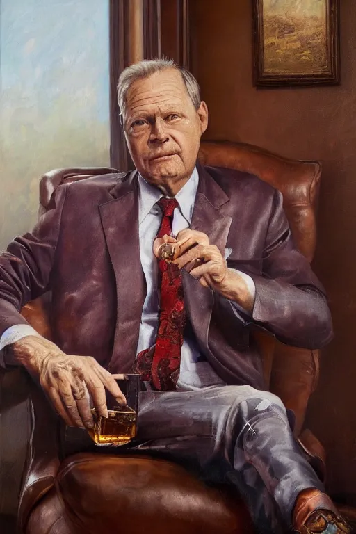 Image similar to retired barney, sitting in a lounge, sipping whiskey and smoking a cigar, oil on canvas, intricate, portrait, 8 k highly professionally detailed, hdr, cgsociety