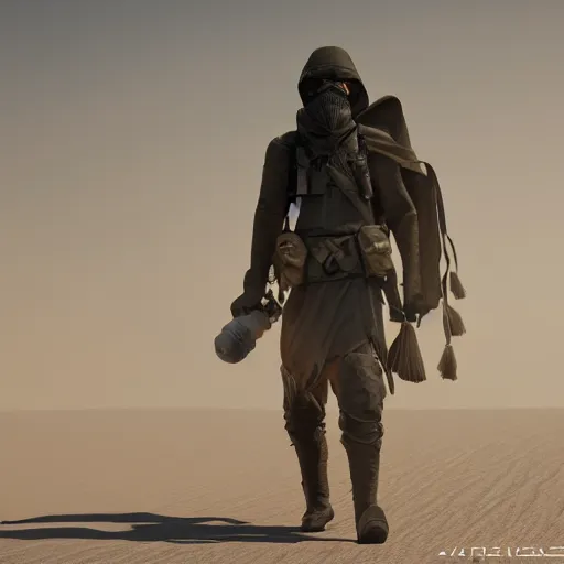 Prompt: NCR Ranger walking through a harsh desert storm, cinematic, 4k, detailed, trending on ArtStation, unreal engine 5