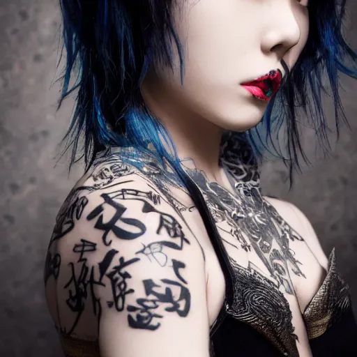 Prompt: japanese gothic model with maximalist hair style and kanji tattoos, dark colors, fashion model, portrait shot, depth of field, 8 k, hyper detailed, intricate, trending on artstation