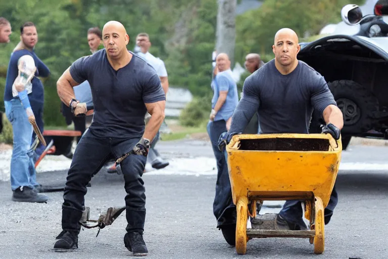 Image similar to Vin Diesel driving a wheelbarrow