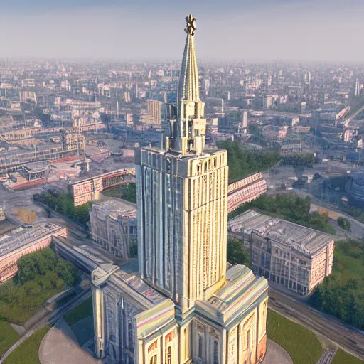 Image similar to moscow state university main building, aerial photography, 4 k, highly detailed art by greg rutkowski, trending on art station, unreal engine