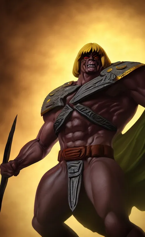 Prompt: He-Man with a dark manner, centered, fullest body, character pose, uncut, atmospheric, dark, mysterious, shadowy, eerie, ominous, cinematic, colored, ZBrush, rendered by Marcus Whinney