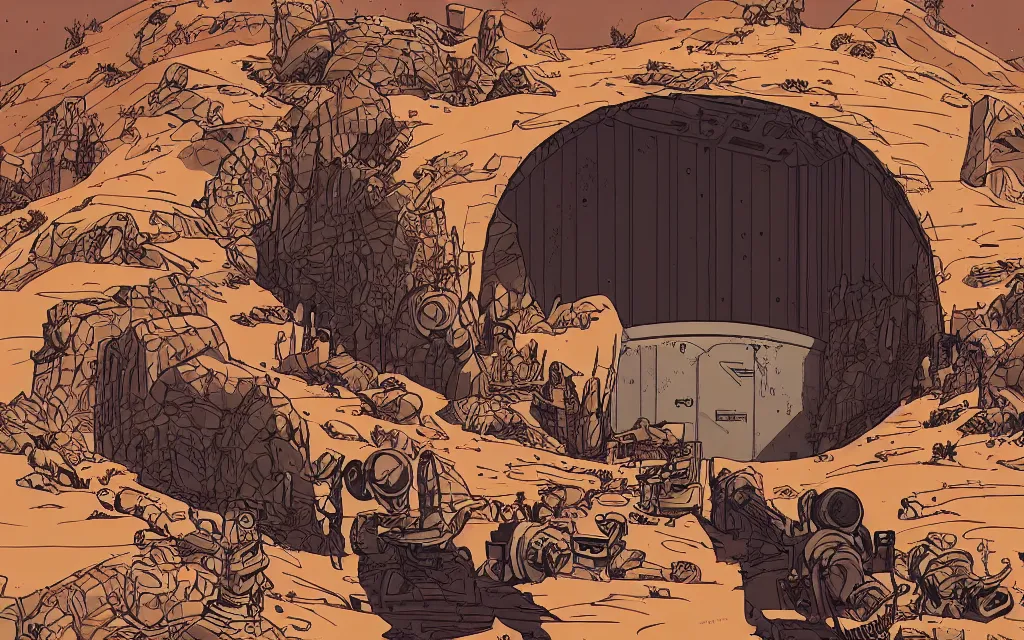 Prompt: very detailed, prophet graphic novel, ilya kuvshinov, mcbess, rutkowski, simon roy, illustration of a large bank vault door on a desert planet, wide shot, colorful, deep shadows, astrophotography