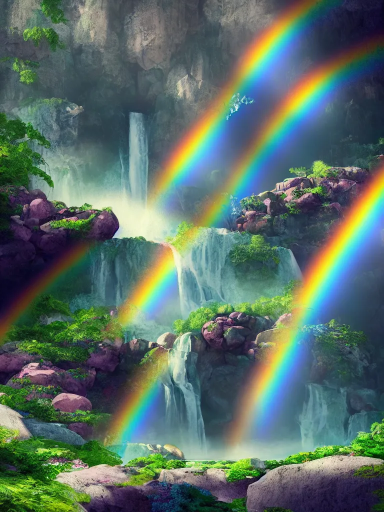Image similar to artdeco illustration of waterfall cascading onto rocks, small rainbow emerging in background, ethereal, beautiful scenery, intricately meticulously detailed, amazing, glitter, 8 k render octane high definition