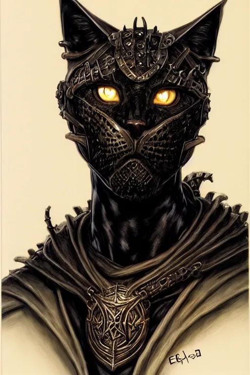 Image similar to head and shoulders portrait of an eldritch knight, tabaxi, black cat, anthropomorphic, male, breastplate, magical, high fantasy, d & d, by donato giancola, face details, extremely detailed, vogue fashion photo