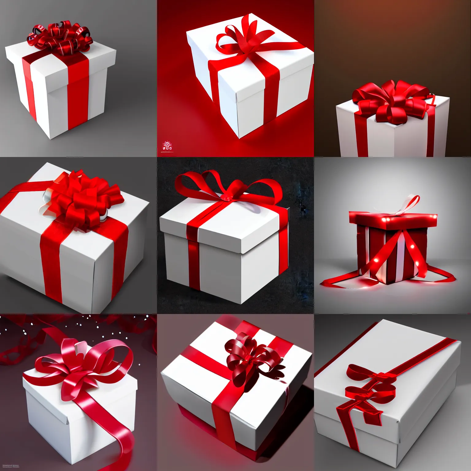 Prompt: open gift white box with glow inside, red undone ribbon, down-up lateral view, interior hidden, highly detailed digital art, concept art, bokeh, photorealistic trending on artstation,