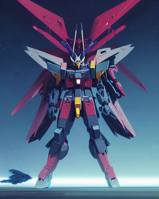 Image similar to highly detailed vfx portrait of an demonic gundam with wings of feathers beam saber fighting in space with a beam gun, unreal engine, greg rutkowski, loish, rhads, beeple, makoto shinkai and lois van baarle, ilya kuvshinov, rossdraws, tom bagshaw, alphonse mucha, global illumination, detailed and intricate environment