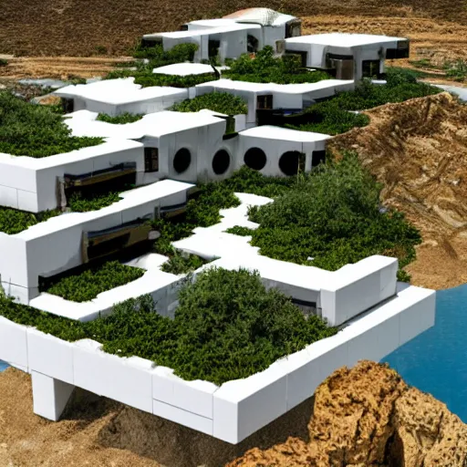 Prompt: white habitat 6 7, ecofuturism lego architect building in the dessert, lush plants and infinite pool