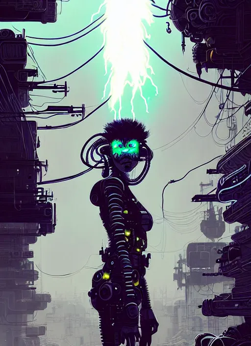 Image similar to highly detailed portrait of wasteland punk long curly neon white plasma electricity hair tribal lady, stray electric spark wiring by atey ghailan, james gilleard, by joe fenton, by greg rutkowski, by greg tocchini, by kaethe butcher, 4 k resolution, gradient yellow, black and white color scheme!!! ( ( lightning cloudy robotic dystopian city background ) )