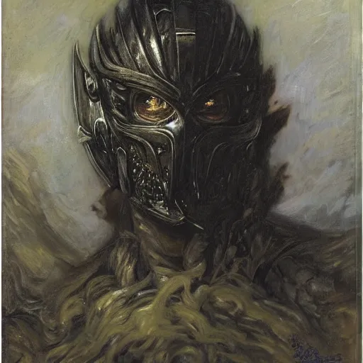 Prompt: a young man wearing a black armor holding the head of a predator, highly detailed painting by gaston bussiere and j. c. leyendecker 8 k the black armor is made by gustave dore