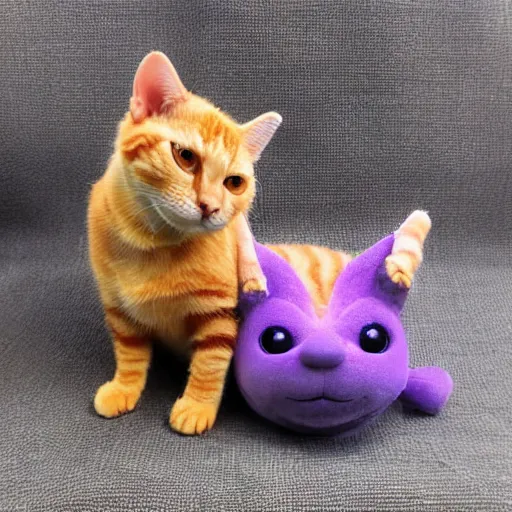 Image similar to tiny adorable purple fantasy dragon cuddles an orange tabby cat, realistic, orange tabby cuddles purple dragon, award - winning photography