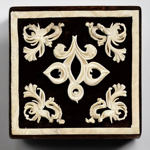 Image similar to arabesque carved ivory box, studio photography, black background