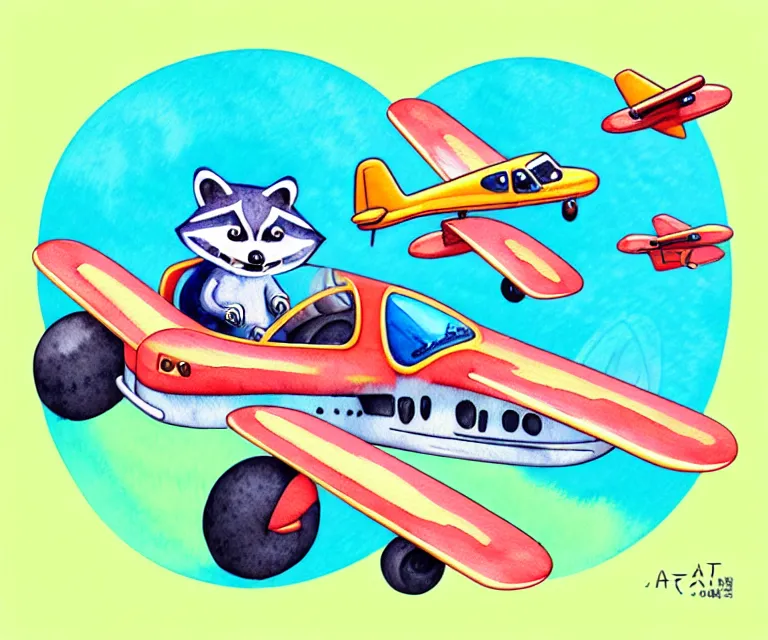 Image similar to cute and funny, racoon riding in a tiny airplane with oversized engines, ratfink style by ed roth, centered award winning watercolor pen illustration, isometric illustration by chihiro iwasaki, edited by range murata, tiny details by artgerm and watercolor girl, symmetrically isometrically centered