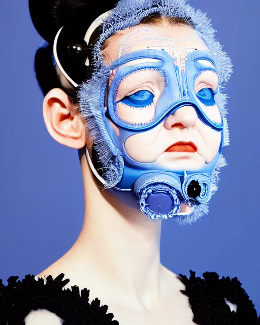 Prompt: symmetrical close - up portrait of a woman wearing a blue silicone embroidered beauty mask and hair buns, wearing a black bodysuit by alexander mcqueen, cream white background, soft light, biotechnology, humanoide robot, bjork aesthetic, translucent, by rineke dijkstra, intricate details, highly detailed, masterpiece,