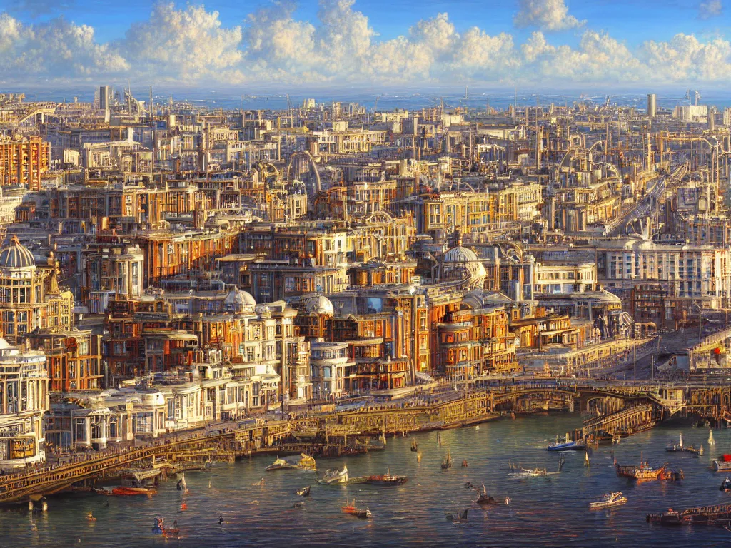 Prompt: hyperrealistic painting of brighton hove, mechanical designs, victorian houses, technological, detailed engineering, vivid color, elegant, meticulous, cinematic, cyberpunk style, highly detailed, realism, intricate, acrylic on canvas, 8 k resolution, concept art, by noriyoshi ohrai, francesco di giorgio martini