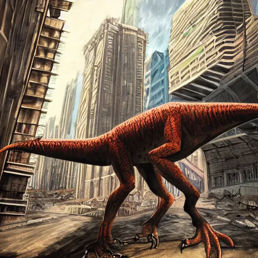 Image similar to An artwork of a velociraptor in a dystopian city, paleo art, brutalism