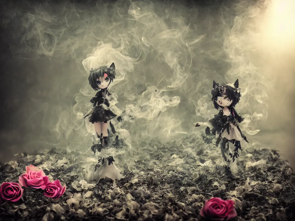 Image similar to cute fumo plush of a gothic maiden girl clutching lots of decayed roses, stale twilight, swirling vortices of emissive smoke and volumetric fog over the river, bokeh, 5 0 mm, vignette, vray