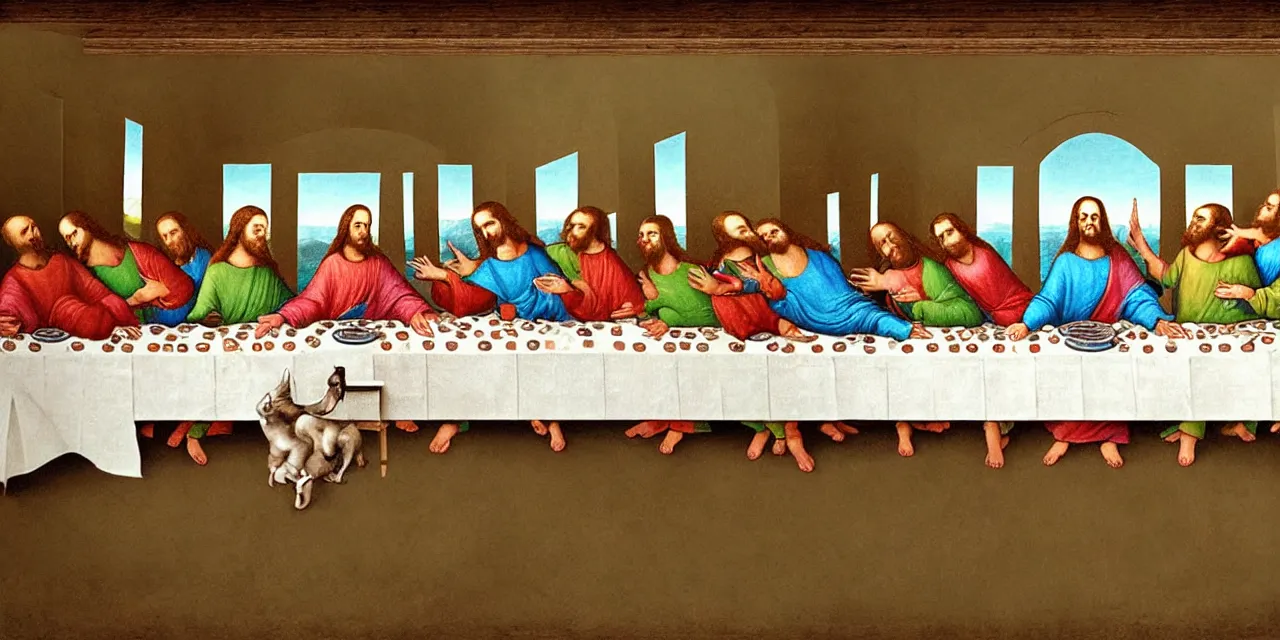 Image similar to the last supper iconic image long table big family style diner in the artistic style of surreal cat iconography but replace cast with little green aliens like the ones from tv and movies