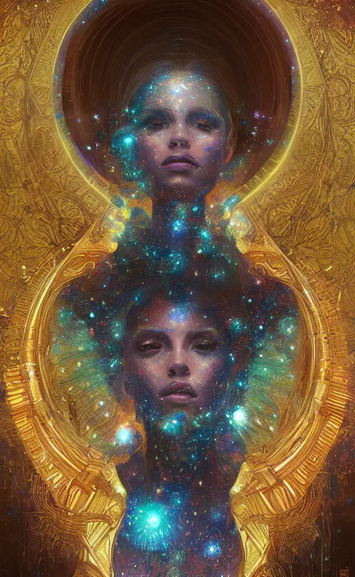 Image similar to portrait of a cosmic goddess, suit made out of stars and galaxies and cosmic energy, intricate, headshot, highly detailed, digital painting, artstation, concept art, sharp focus, cinematic lighting, illustration, art by artgerm and greg rutkowski, alphonse mucha, cgsociety