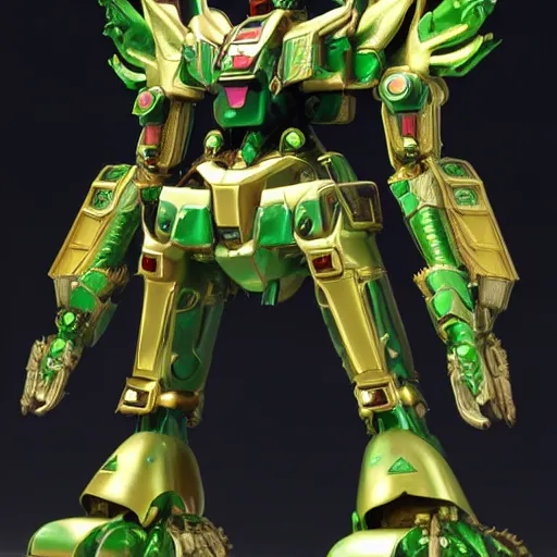 Image similar to futuristic jade mecha, jade gundam, carved jade mechanical exoskeleton wearing hardsurface armour, inlaid with gold, jade rococo, wings lace wear, sculpted by spider zero, zaha hadid, trending on artstation, beautifully lit, hyper detailed, insane details, intricate