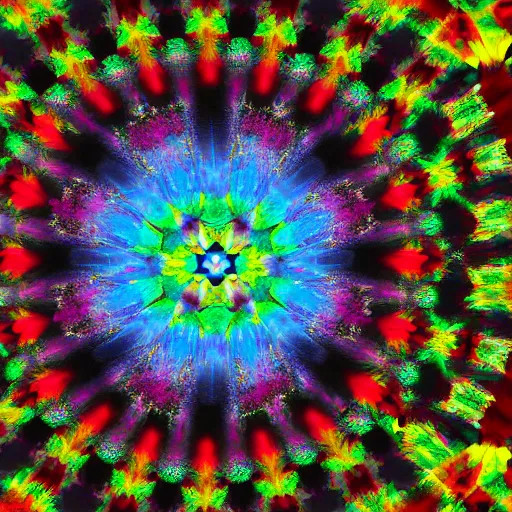 Image similar to a smiling old man seen through a kaleidoscope