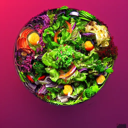 Image similar to Photorealistic super salad Hyperdetailed photorealism, 108 megapixels, amazing depth, glowing rich colors, powerful imagery, 3D finalrender, 3d shading, cinematic lighting, artstation concept art