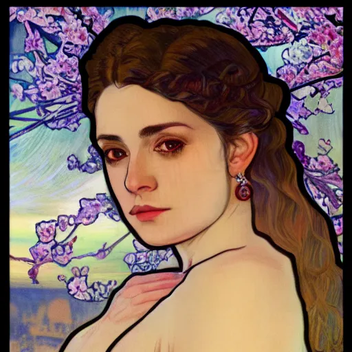 Image similar to ice - t portrait, icy, alfons mucha, golden hour, realistic, body shot, sharp focus, 8 k high definition, insanely detailed, intricate, elegant, cherry blossoms