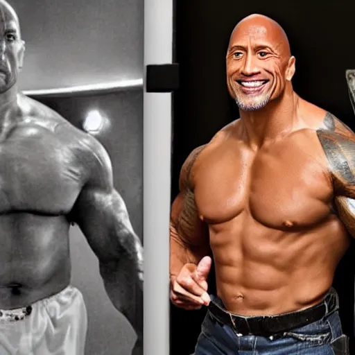 Prompt: dwayne johnson being pulled into a mirror by his mirror self
