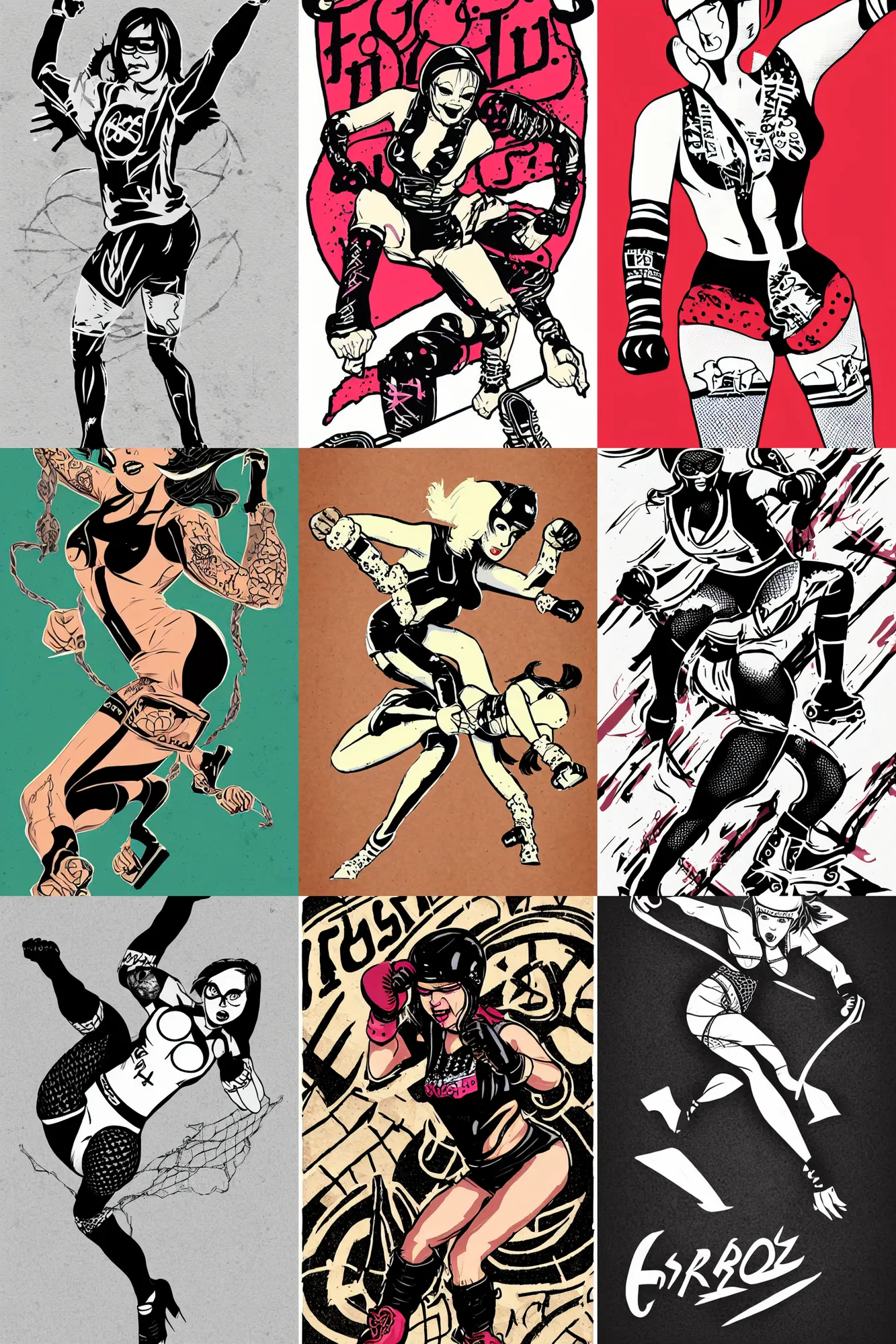 Prompt: logo design, roller derby girl sprinting Cross-Over, full length portrait, fishnet tights, torn, ripped, fists in the air, illustration by Eduardo Risso