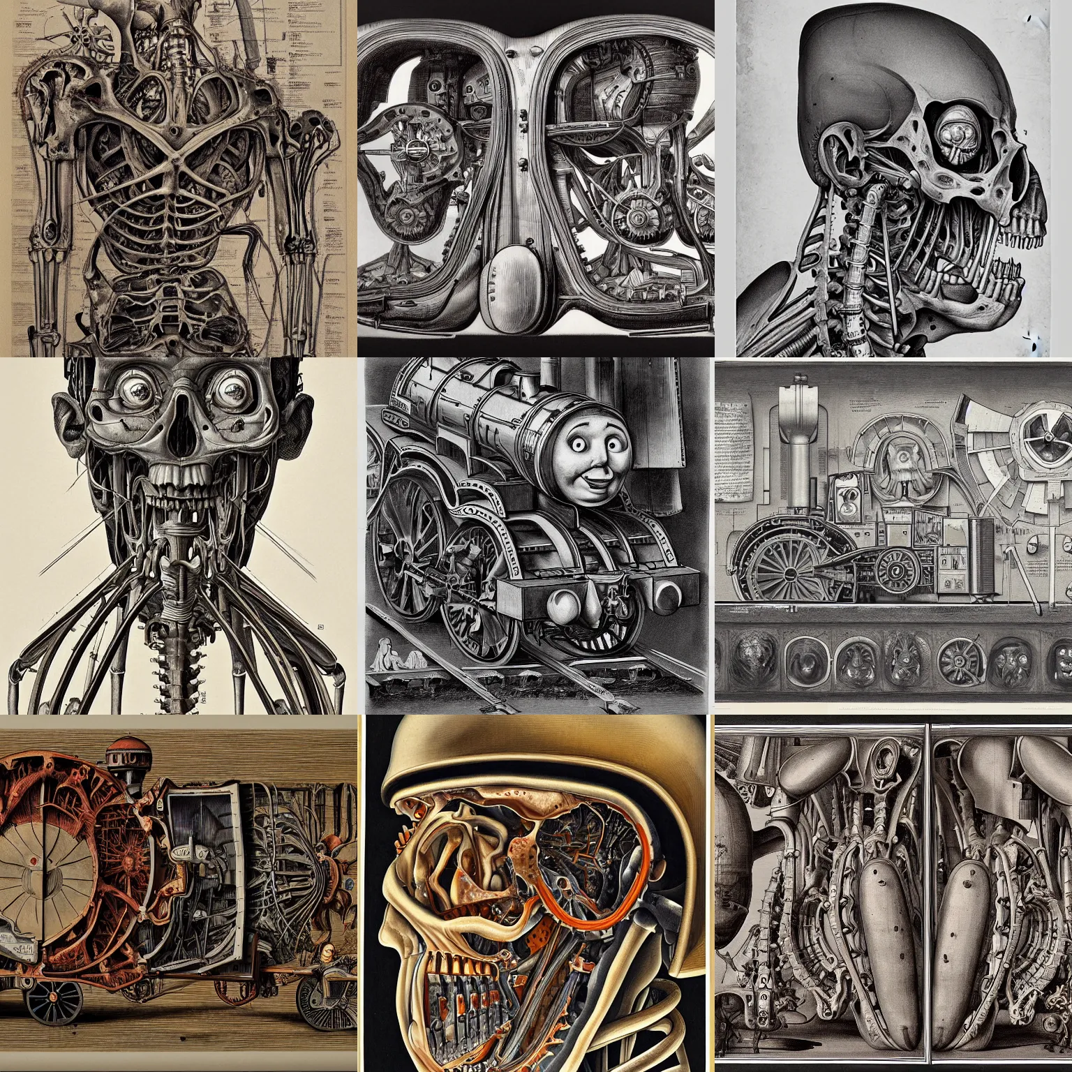 Prompt: a cross section of thomas the tank engine by andreas vesalius, side view, lengthwise, wide angle, biomechanical, painting, horrific, scary, disturbing