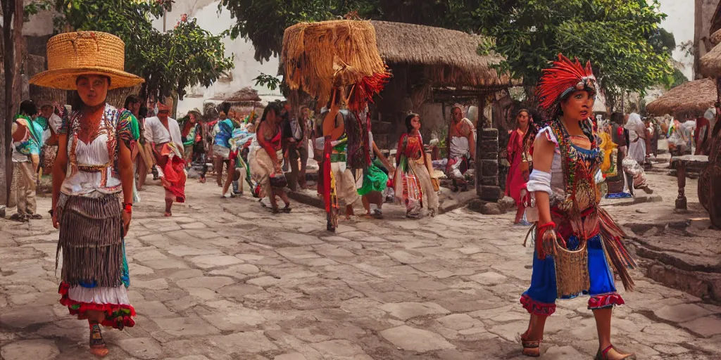 Image similar to mexico in the 1 7 0 0 s filled with ancient palenque mayan architecture, mayan woman walking the streets, indians in traditional wear haggling with the street vendors, surreal, beautiful, hyper realistic, trending on artstation, 8 k, hd