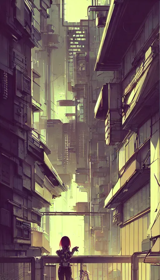 Prompt: hyper - realistic portrait of cyberpunk tokyo balcony in style of atey ghailan, by greg rutkowski, by greg tocchini, by james gilleard, by joe fenton, by kaethe butcher, dynamic lighting, gradient light yellow, brown, blonde cream and white color scheme, grunge aesthetic