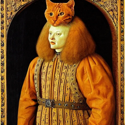 Image similar to portrait of a king with an orange cats head for a head, oil painting by jan van eyck, northern renaissance art, oil on canvas, wet - on - wet technique, realistic, expressive emotions, intricate textures, illusionistic detail