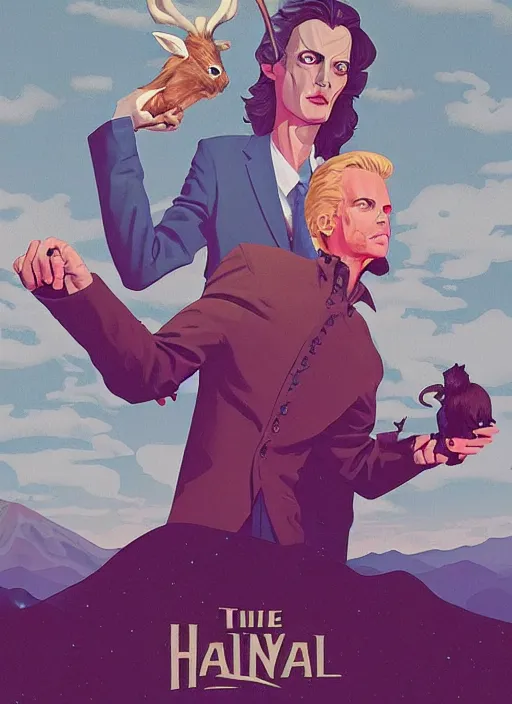 Prompt: Twin Peaks movie poster artwork by Tomer Hanuka and Michael Whelan, Rendering David Bowie holding a jackalope full of details, by Makoto Shinkai and thomas kinkade, Matte painting, trending on artstation and unreal engine