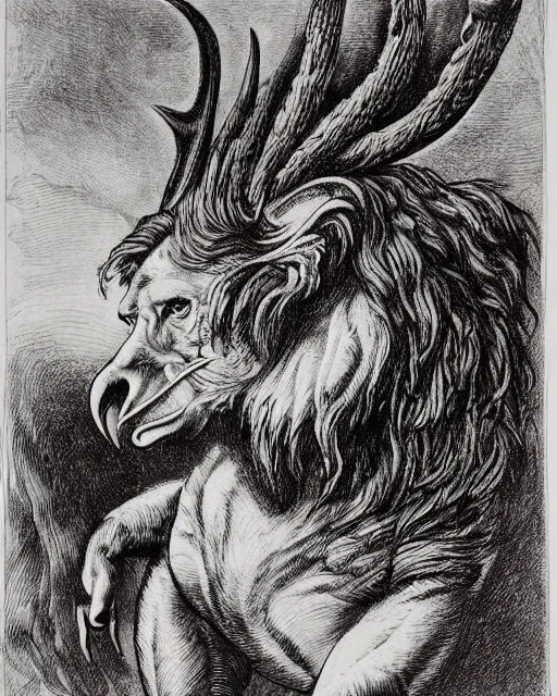 Image similar to a creature with the body and eyes of a man, with the beak of an eagle, the mane of a lion, and the horns of an ox. drawn by francis bacon