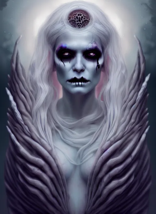 Image similar to goddess of death in a cemetary, white hair, decaying face, cool colors, digital painting, realism, extreme detail, trending on artstation, by natalie shau and hans zatzka