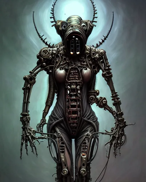Image similar to front shot of a cyberpunk hooded dead biomechanical demon in gasmask mastermind character, intricate, elegant, highly detailed, centered, (((artstation, concept art, smooth, sharp focus, artgerm, Tomasz Alen Kopera, Peter Mohrbacher, donato giancola, Joseph Christian Leyendecker, WLOP, Boris Vallejo))), mugshot!!!!!, ugly!!!!!!, octane render, nvidia raytracing demo, grainy, muted
