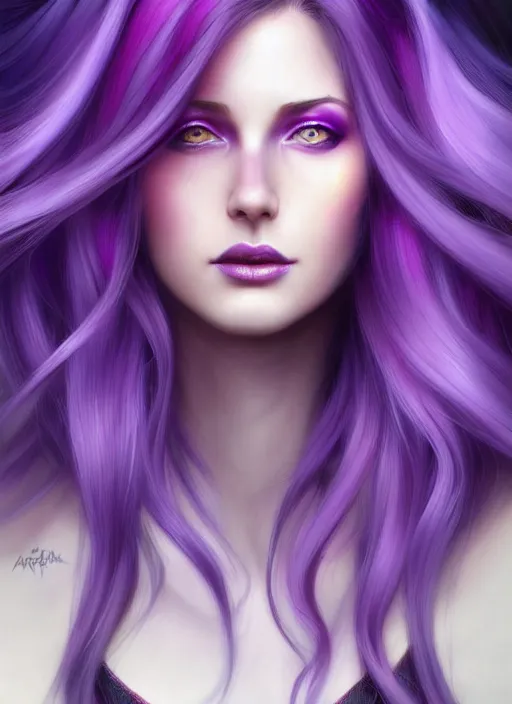 Image similar to Purple hair Portrait of a woman with bright colored flying hair, all shades of purple. Hair coloring, amber eyes, face, long hair, fantasy, intricate, elegant, highly detailed, digital painting, artstation, concept art, smooth, sharp focus, illustration, art by artgerm and greg rutkowski and alphonse mucha