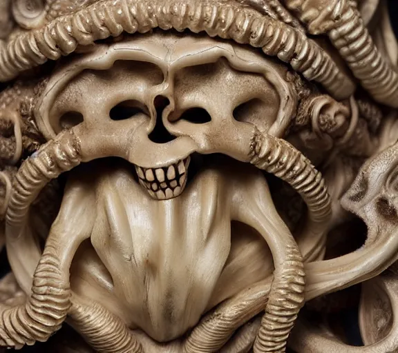 Image similar to an intricately detailed carving in an human - octopus skull, rococo ornate bone and ivory sculpted skull with teeth and tentacles, horror, artifact, micro detailed, inscribed with occult symbols, otherworldly