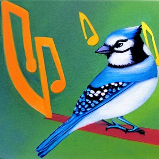 Image similar to painting of a bluejay surrounded by music notes