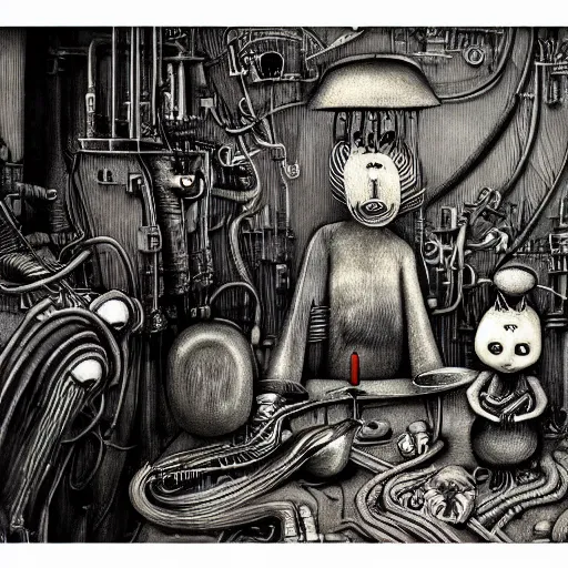 Image similar to moominpapa hooked up to a machine, hr giger artwork, very detailed!, high quality, 4 k