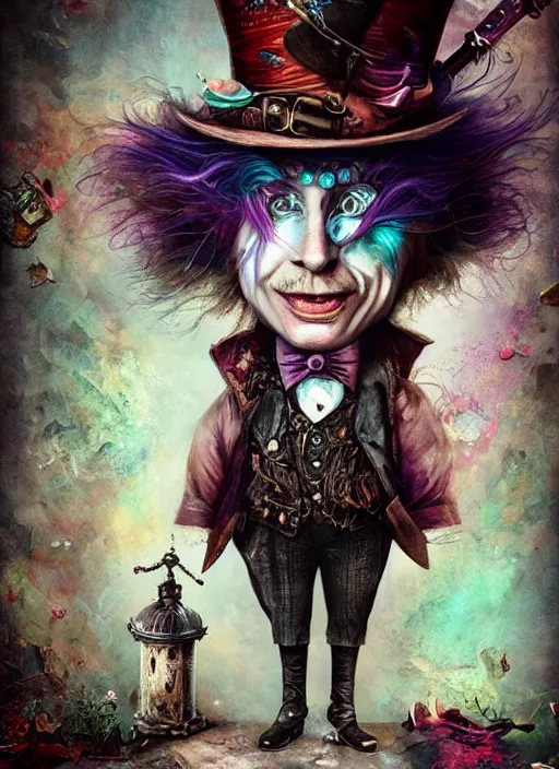 Image similar to mad hatter, steampunk googles, highly detailed, cinematic, 8 k, by megan duncanson, benjamin lacombe, adrian borda, stanley artgermm, tom bagshaw, craig mullins, carne griffiths, ayami kojima, beksinski, giger, trending on deviantart, hyper detailed, horror, full of colour