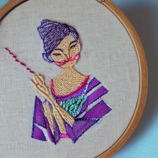 Image similar to a tiny beautiful handmade embroidery of a woman. hand embroidery.